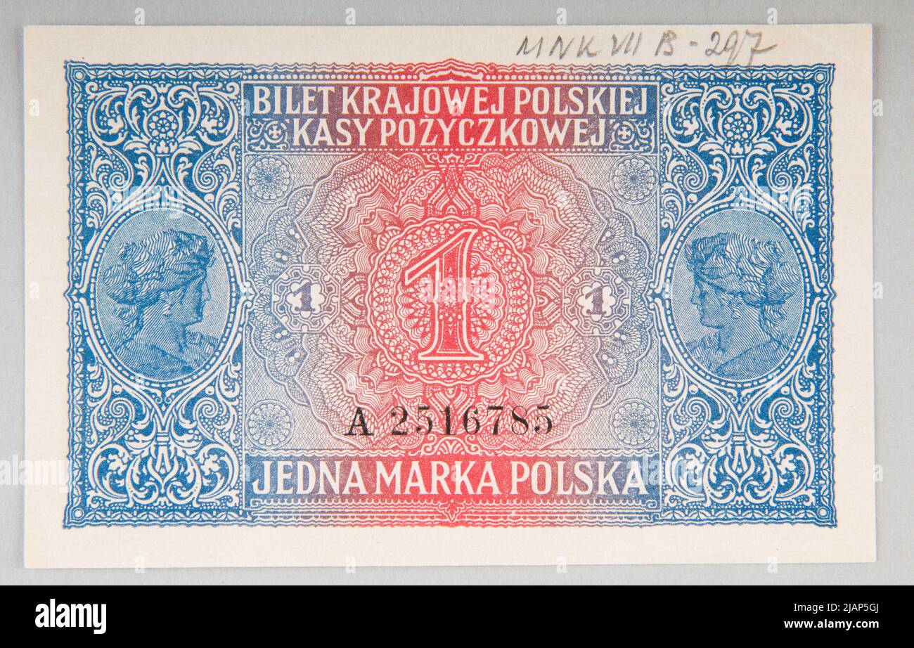 Banknote for 1 Polish Mark, General Warsaw Government (1915–1918), Polish National Loan Fund, 9/12/1916/ 1917, Series I ( General ) Domestic Polish cash register, Reichsdruckerei, Berlin Stock Photo