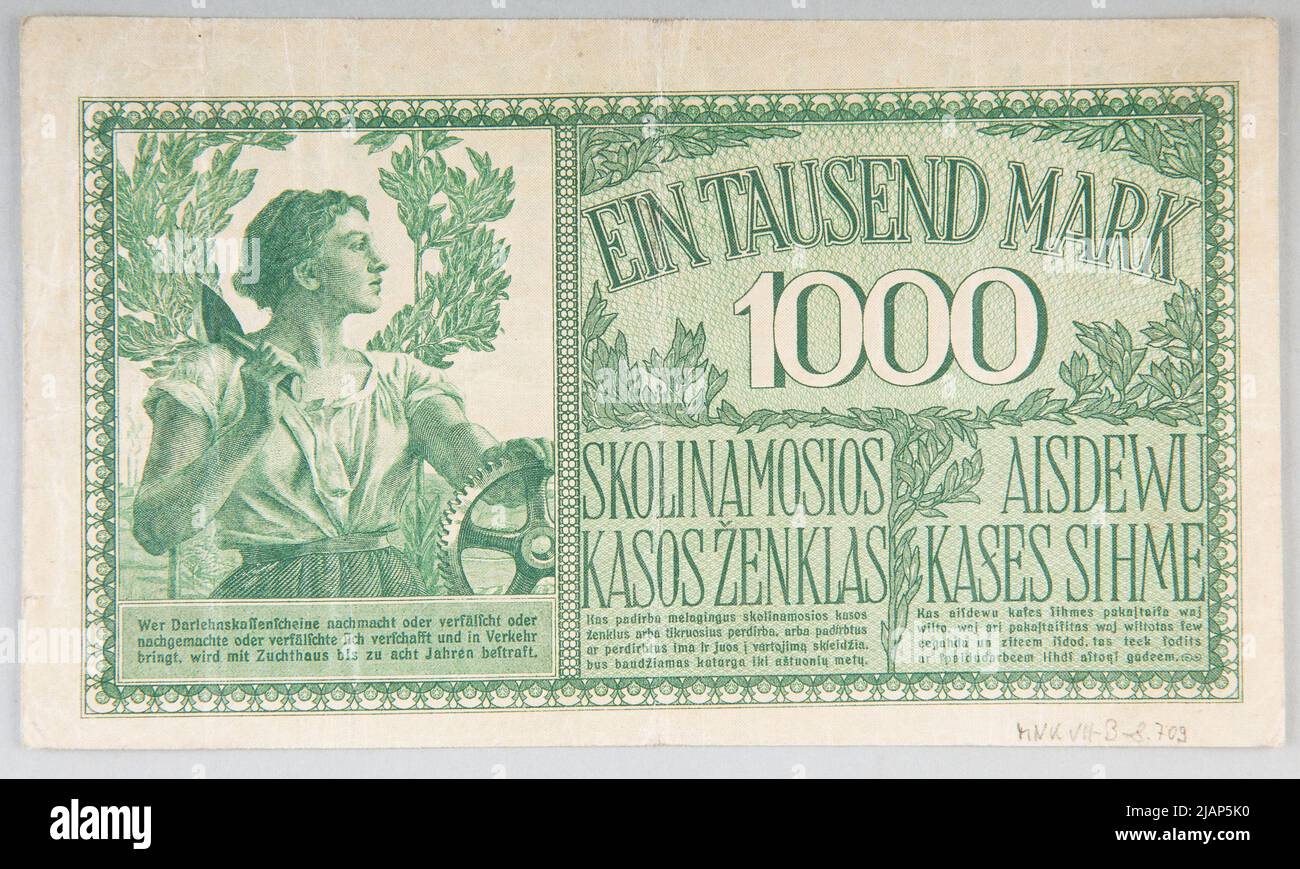 List for 1000 brands, German occupation of the eastern areas (1916–1918), eastern loan fund in Kaunas on 4/04/1918 Lohehnkasse, Reichsdruckerei, Berlin Stock Photo