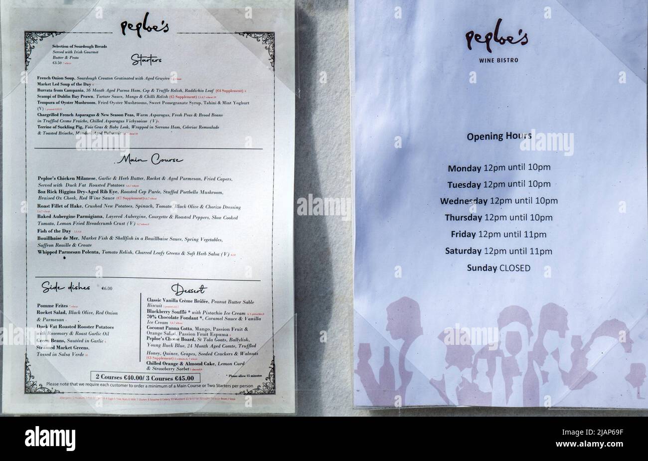 The main menu at Peploes Wine Bistro, St Stephens Green, Dublin