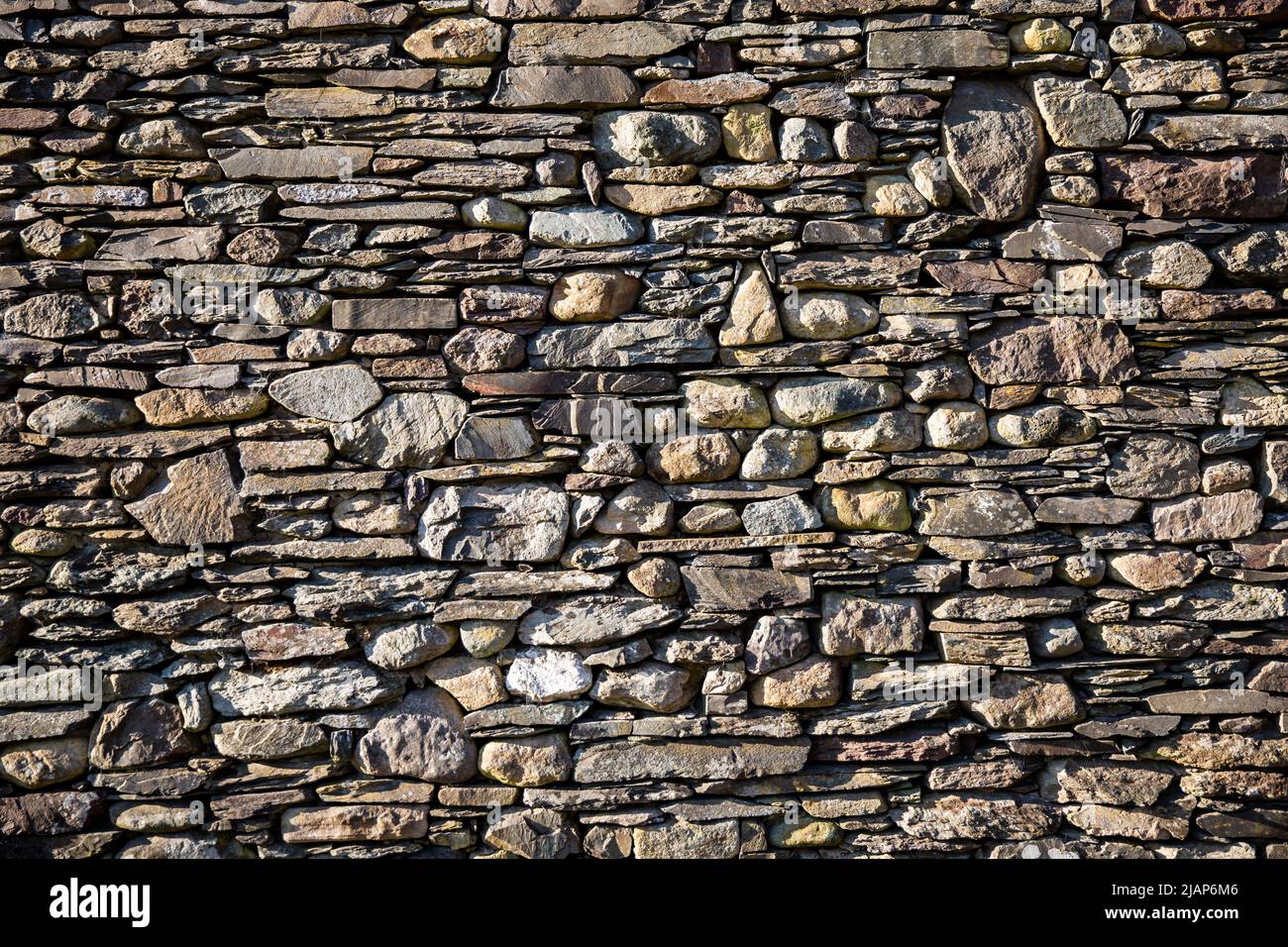 Full frame texture background of a tall and wide dry stone wall typical to Yorkshire, Lancashire and Cumbria in the UK with copy space Stock Photo