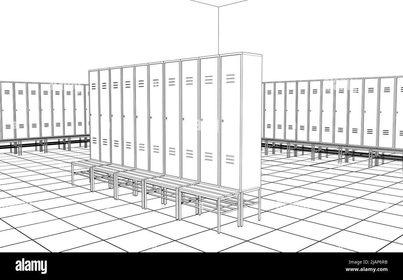 Sports locker room, 3d render, sketch, outline Stock Photo