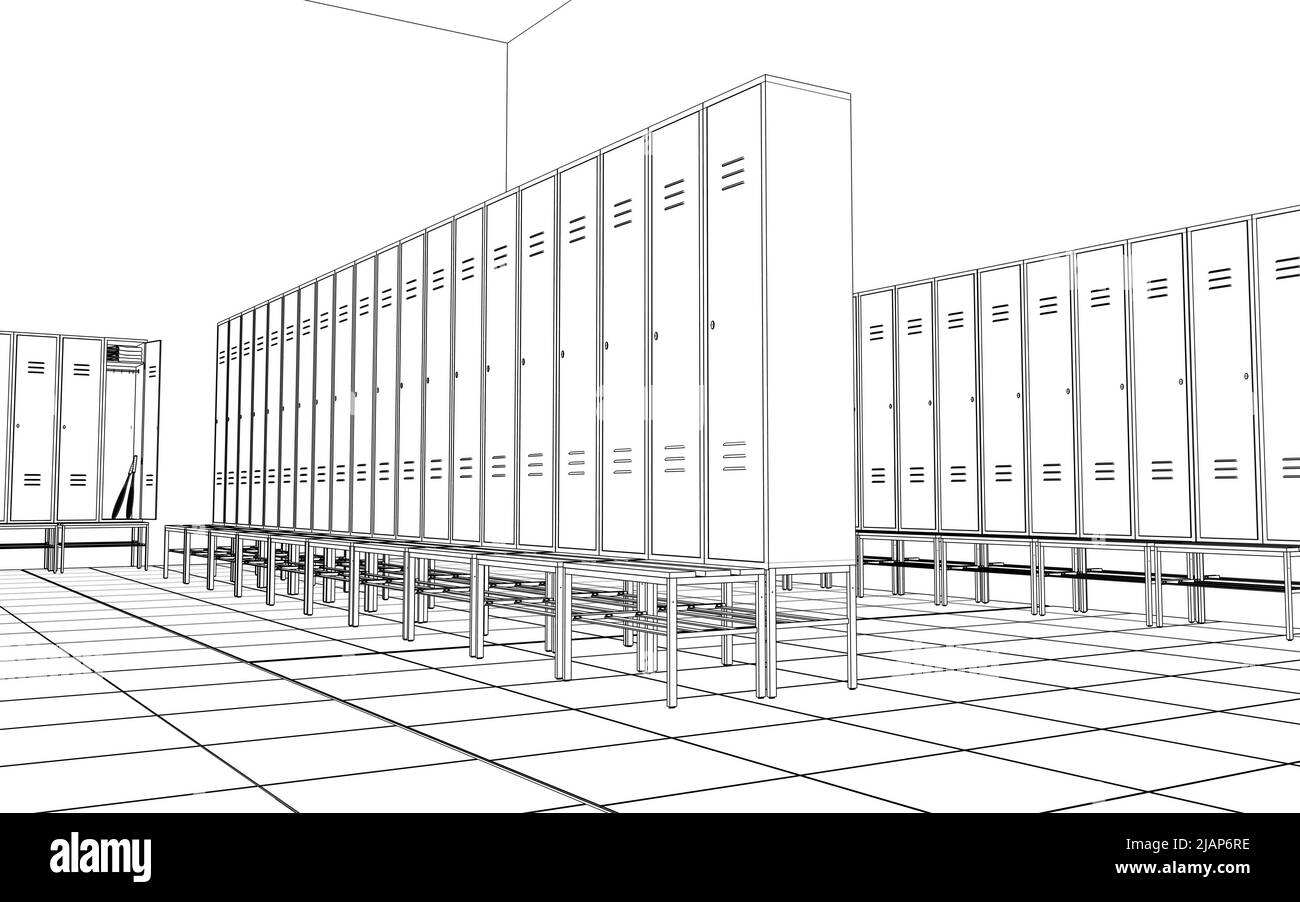 Sports locker room, 3d render, sketch, outline Stock Photo
