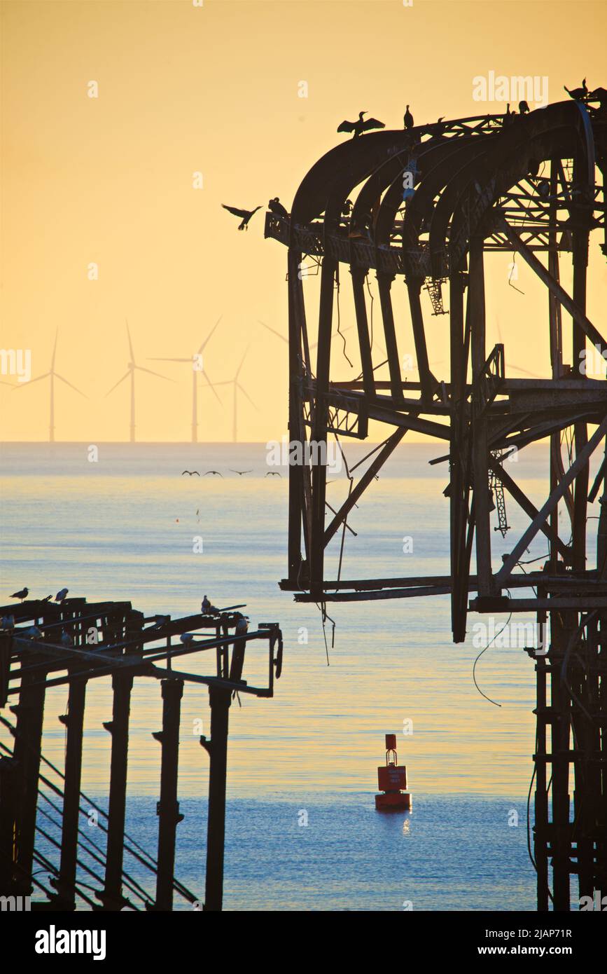 Detail of the derelict and disintegrating iron structure of the West Pier at dusk, Brighton. Built in 1866 and closed in 1975, the pier is still Grade I listed and a well known landmark. The Rampion offshore wind farm can be seen on the horizon. Seabirds sit on the pier Stock Photo