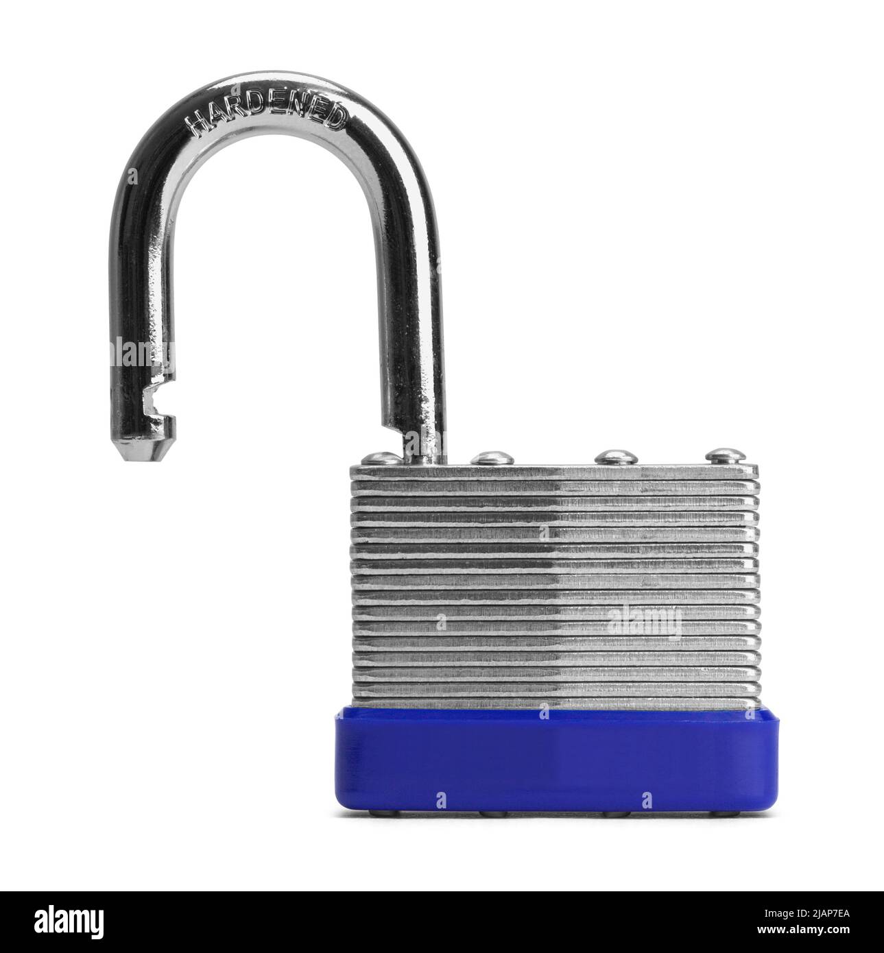 Open Metal Padlock Front View Cut Out on White. Stock Photo