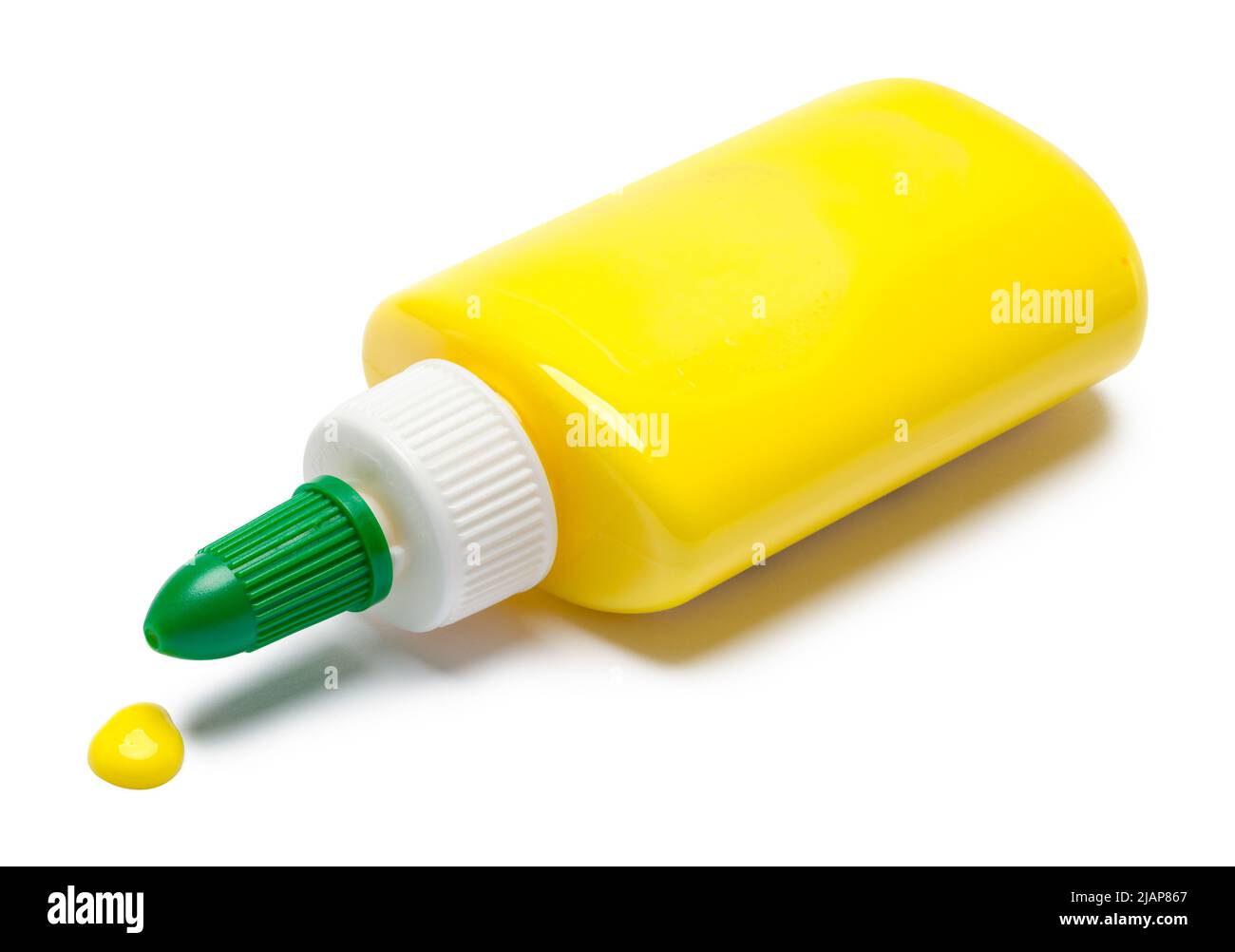 Spilling Bottle of Colored Glue Cut Out on White. Stock Photo