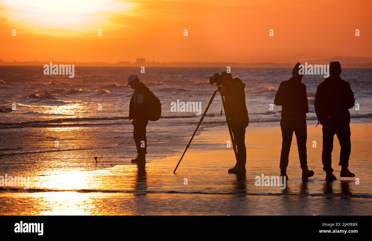 Dusk at low tide with photographer camera tripod hi-res stock ...