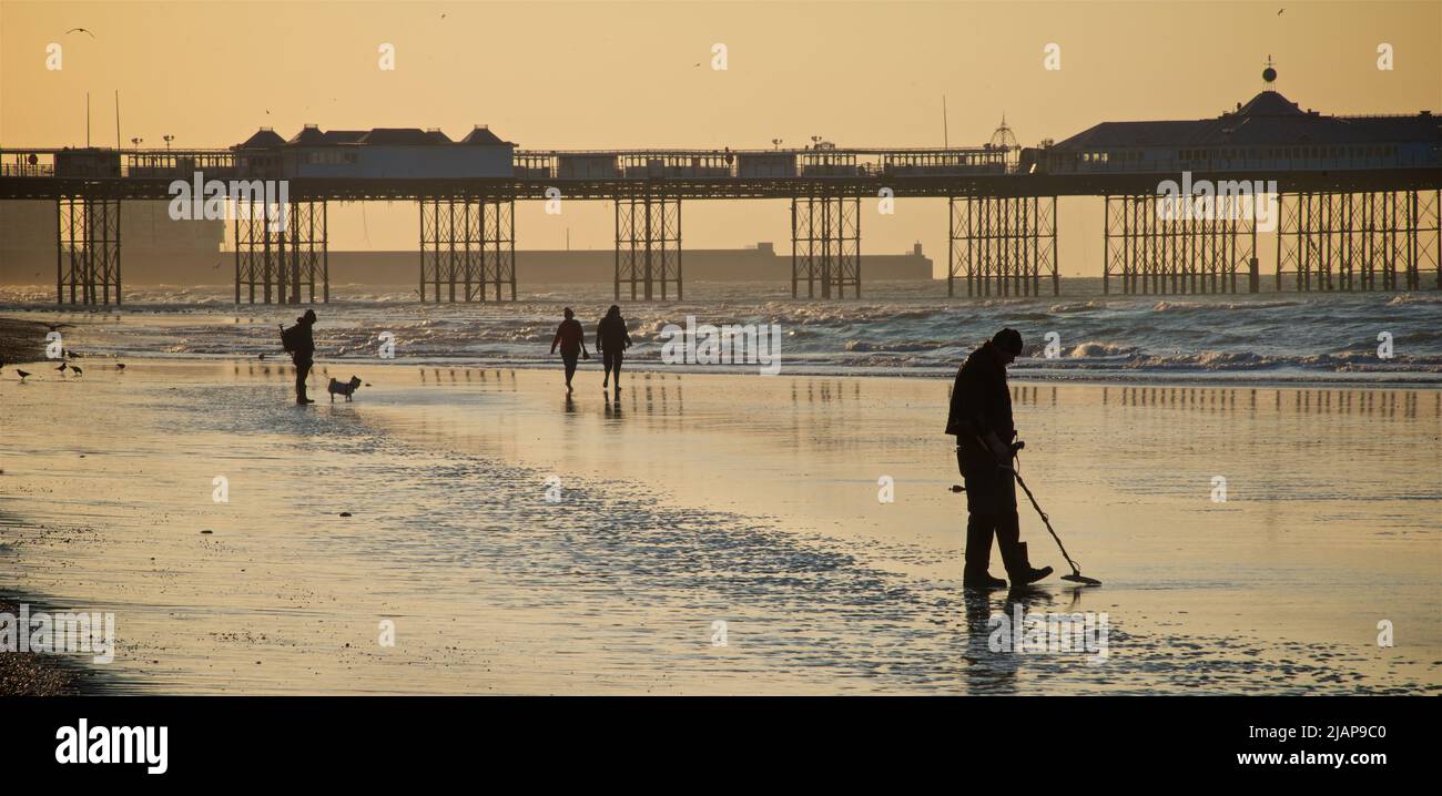Metal detectorist prospecting on the sand at low time. Beach at dawn, Brighton & Hove, Sussex, England, UK. PPeople walking on the sand, some with a dog; Palace Pier beyond. Stock Photo