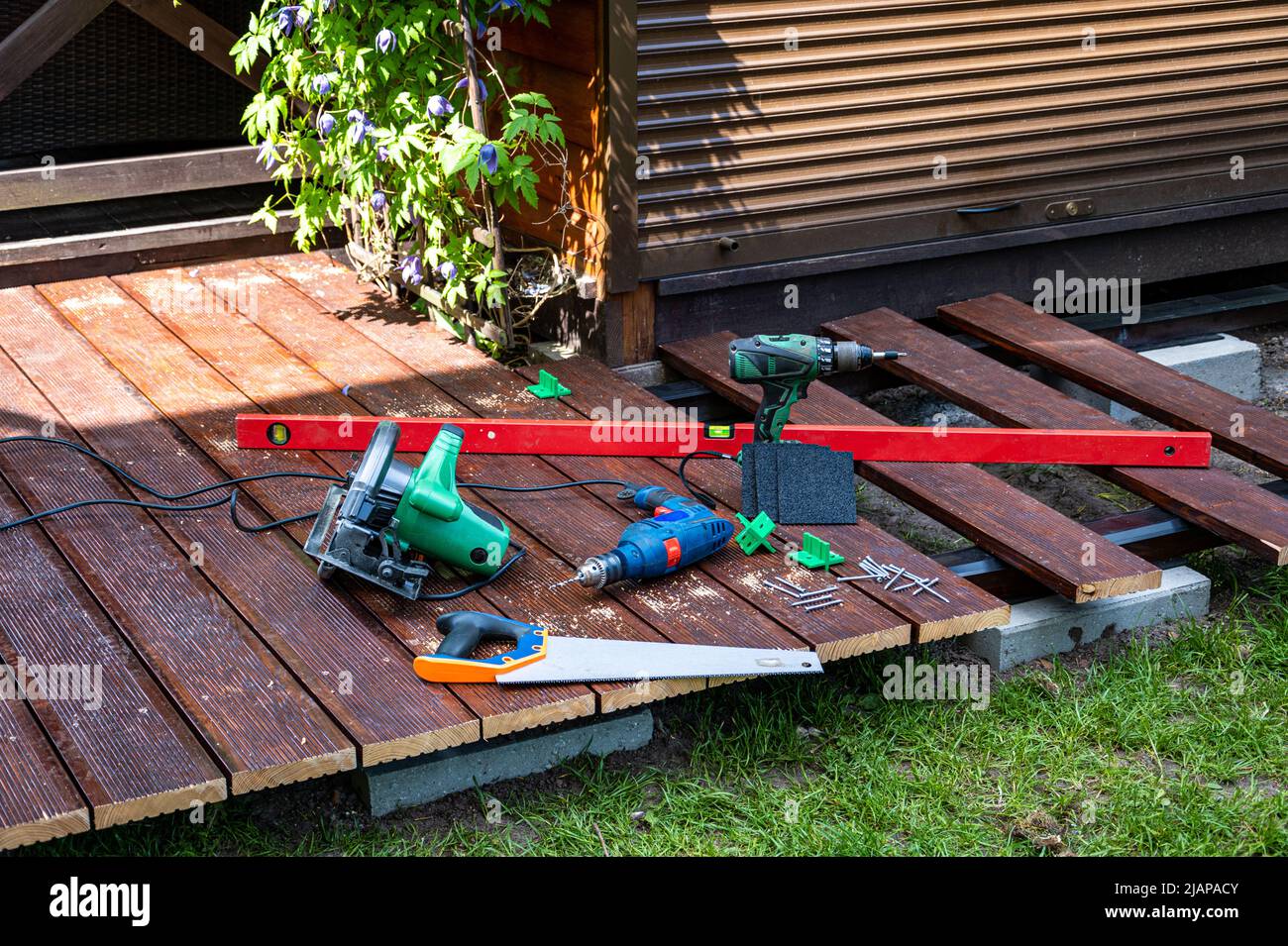 Building a terrace in the garden. DIY tools. Stock Photo