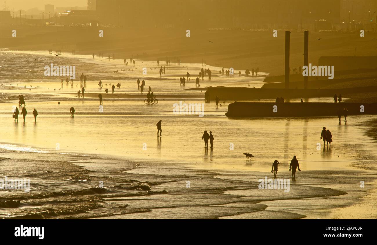 Silhouetted shapes of people on the beach at low tide, Brighton & Hove, East Sussex, England, UK. The vertical pillars on the right represent the remains of the old West Pier. Stock Photo
