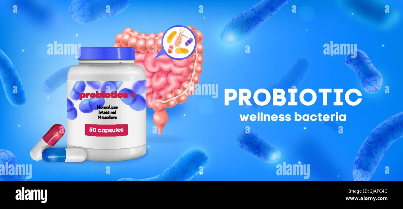 Probiotic realistic colored background advertising bacterial dietary ...