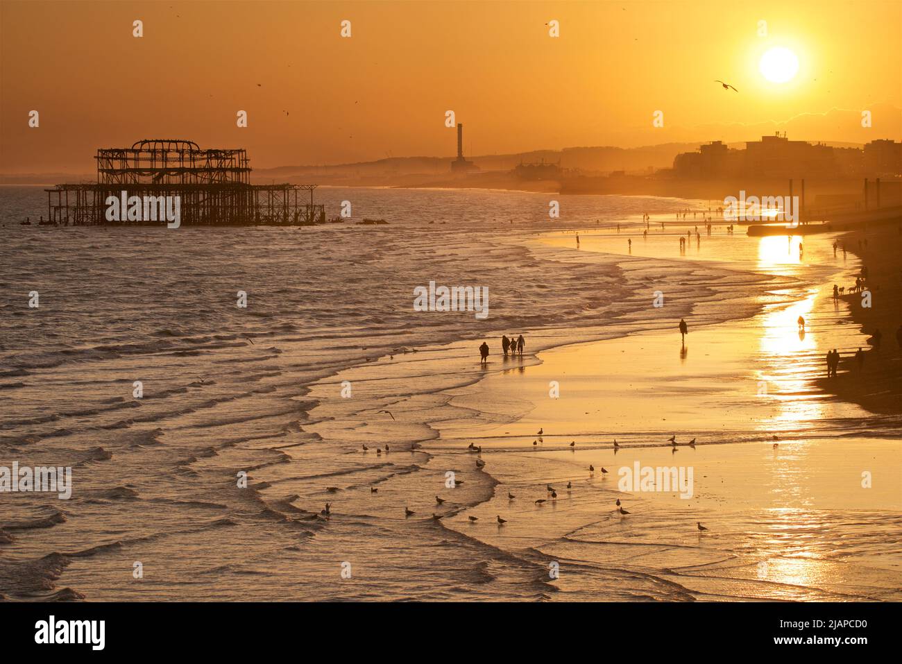 Silhouetted shapes of people on the beach at low tide, Brighton & Hove, East Sussex, England, UK