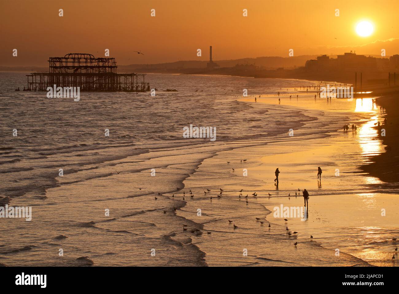 Silhouetted shapes of people on the beach at low tide, Brighton & Hove, East Sussex, England, UK. Remains of the West Pier and Shoreham Power Station in the distance. Stock Photo