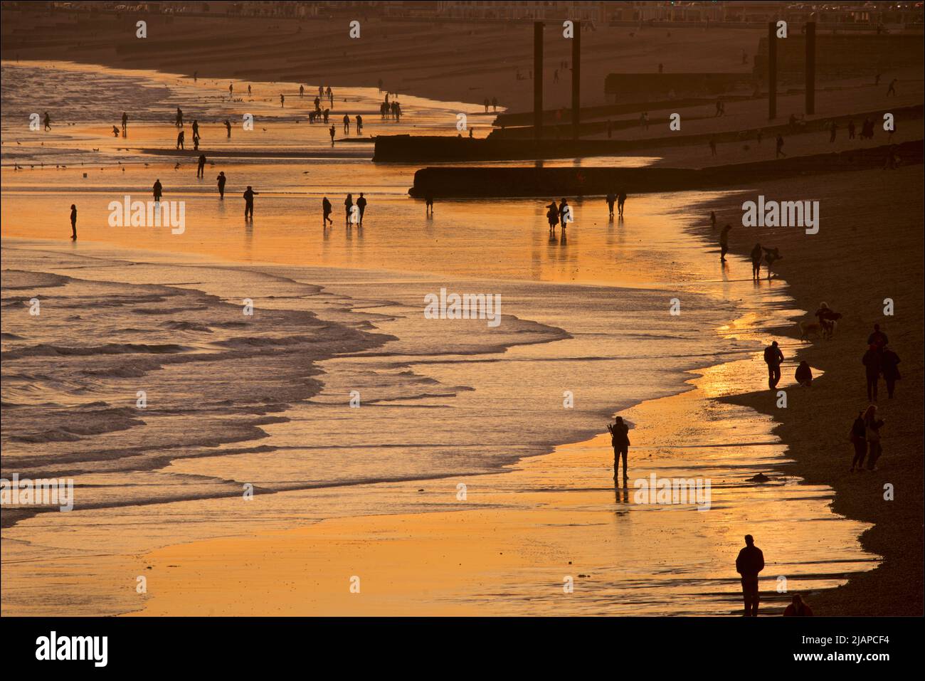 Silhouetted shapes of people on the beach at low tide, Brighton & Hove, East Sussex, England, UK