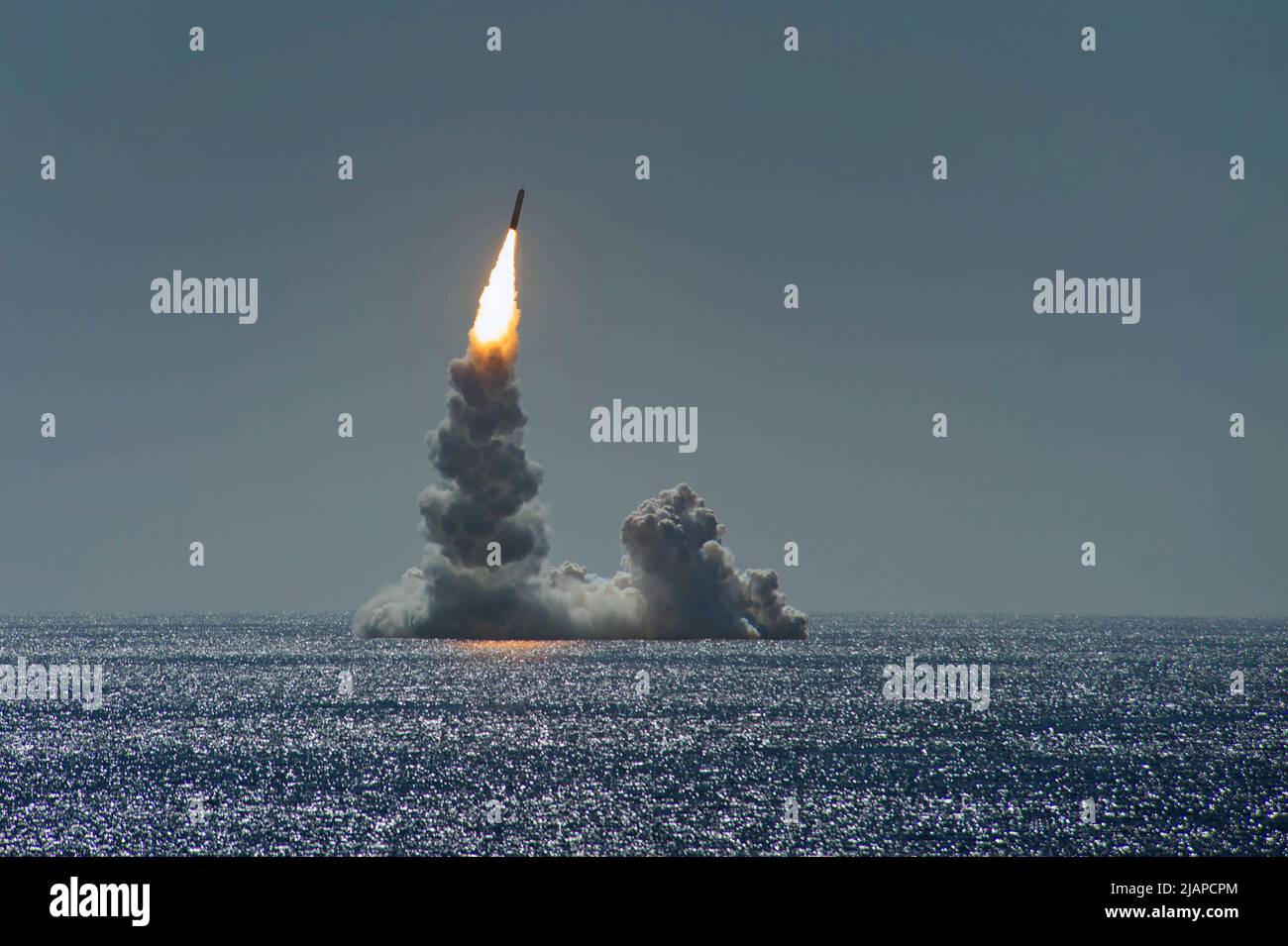 An unarmed Trident II (D5LE) missile launches from Ohio-class ballistic missile submarine USS Maine (SSBN 741) off the coast of California, February 2020. The test launch was part of the U.S. Navy Strategic Systems ProgramsÕ demonstration and shakedown operation certification process. The successful launch demonstrated the readiness of the SSBNÕs strategic weapon system and crew following the submarineÕs engineered refuelling overhaul.   Optimised version of a U.S. Navy photo. Credit US Navy/T.Gooley Stock Photo