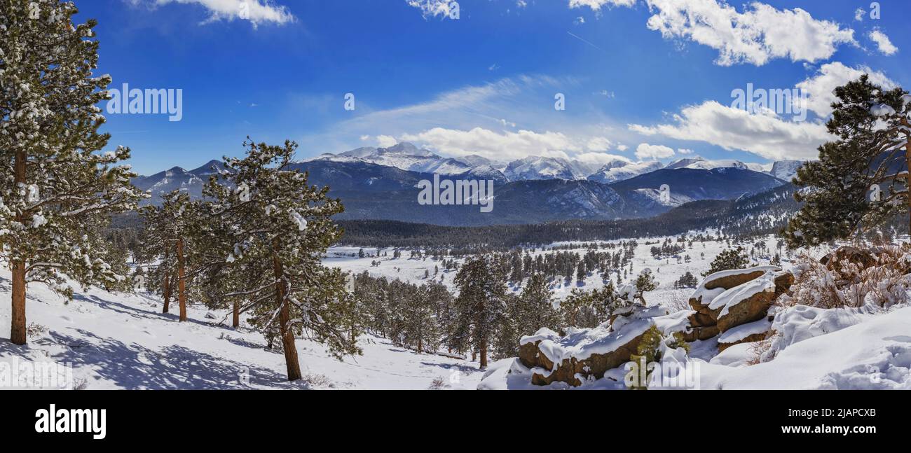 Wintery landscape in Rocky Mountain National Park Fresh snow and blue skies.   An optimised version of a US National Park Service. Photo credit: NPS Stock Photo