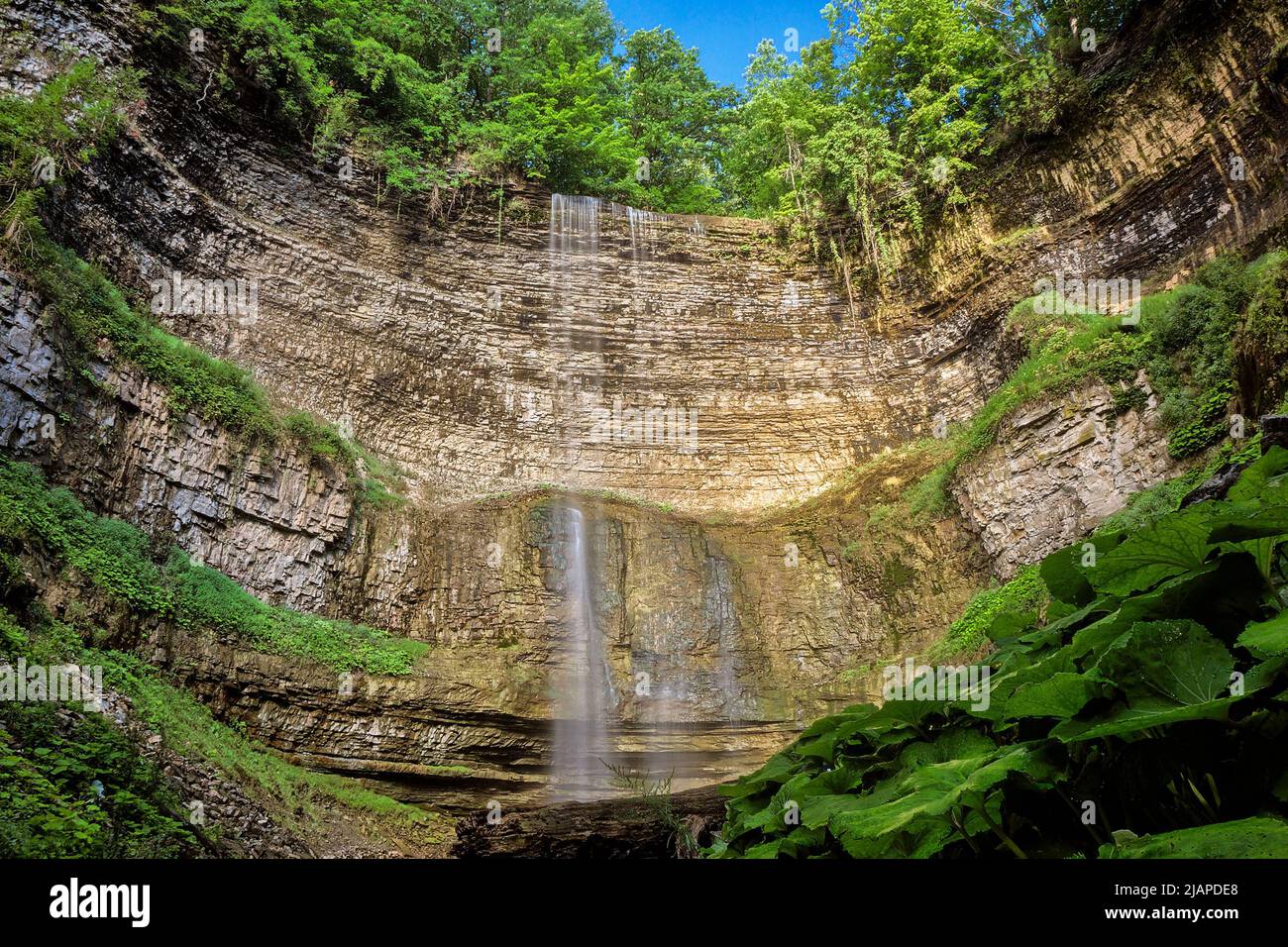 Tews Falls, is a 41 metre ribbon waterfall, and is the tallest waterfall found in Hamilton, Ontario, Canada.  Located at the Spencer Gorge / Webster's Falls Conservation Area in Greensville, its source is Logie's Creek. Also known as Hopkin's Falls and Tunis's Falls Stock Photo