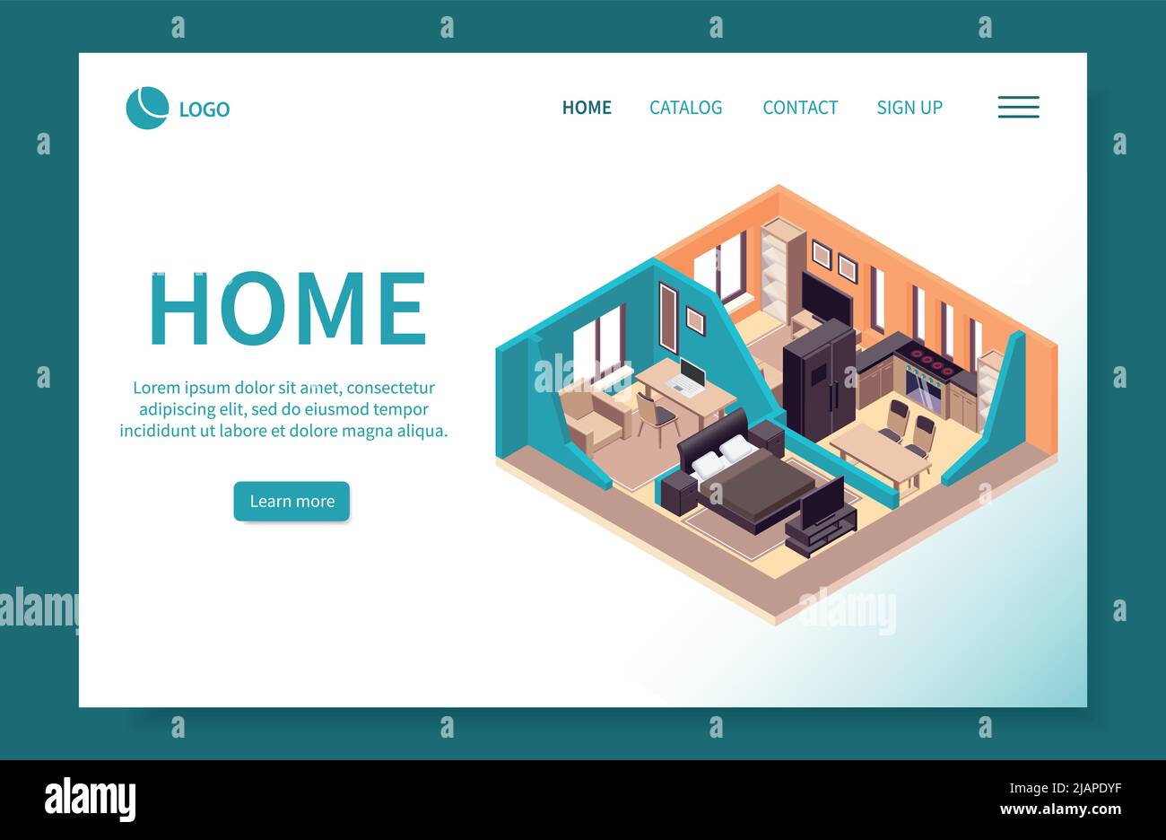 Furniture isometric web site landing page with view of apartment room ...