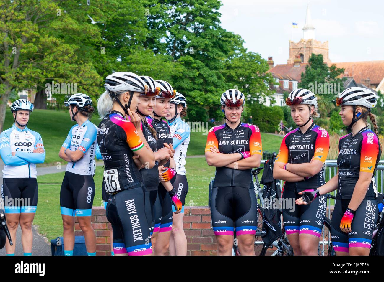 Riders of Andy Schleck CP NVST Immo Losch at sign in for the RideLondon Classique cycle race, stage 1, at Maldon, Essex, UK Stock Photo