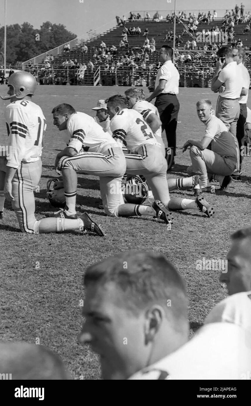 Florida State University offensive ends coach Bobby Bowden on the sideline with FSU players during the football game in Tallahassee against the University of Kentucky on October 10, 1964. (USA) Stock Photo