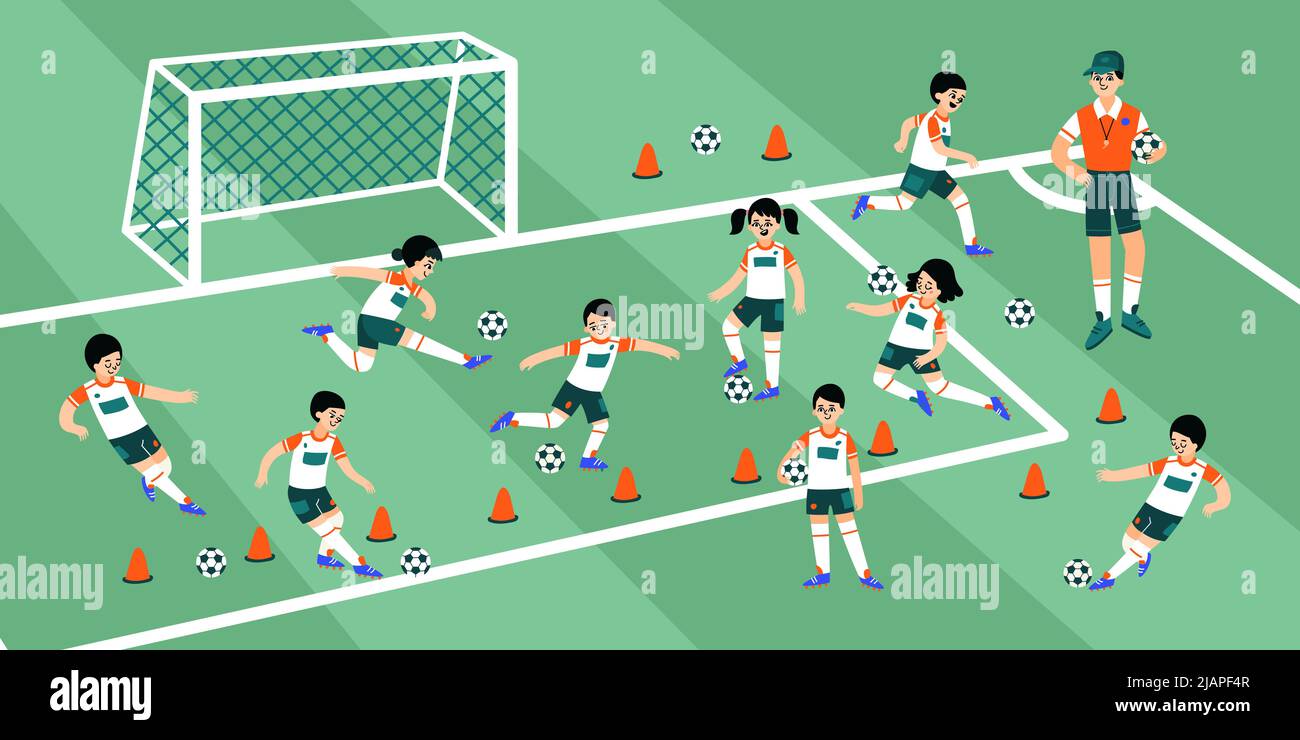 Football training composition children train with their coach on the soccer field vector