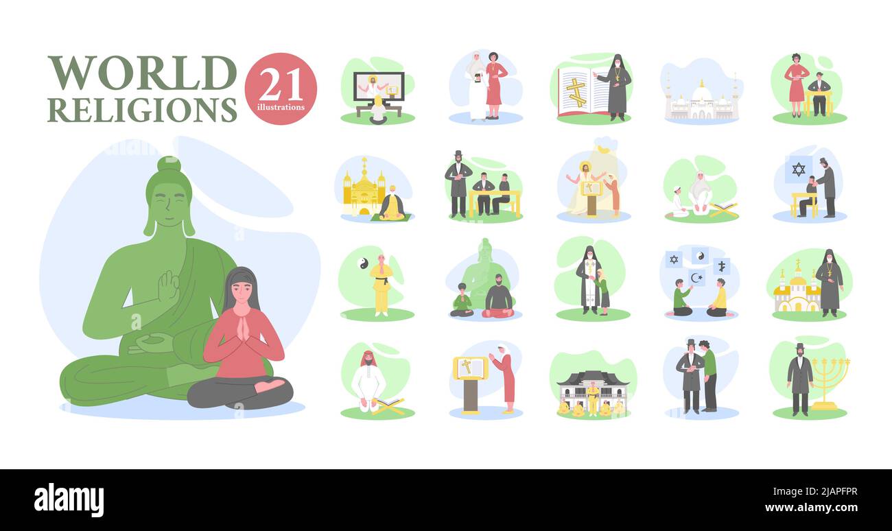 World religions composition set with flat isolated icons of prayers priests and buddha statue with text vector illustration Stock Vector