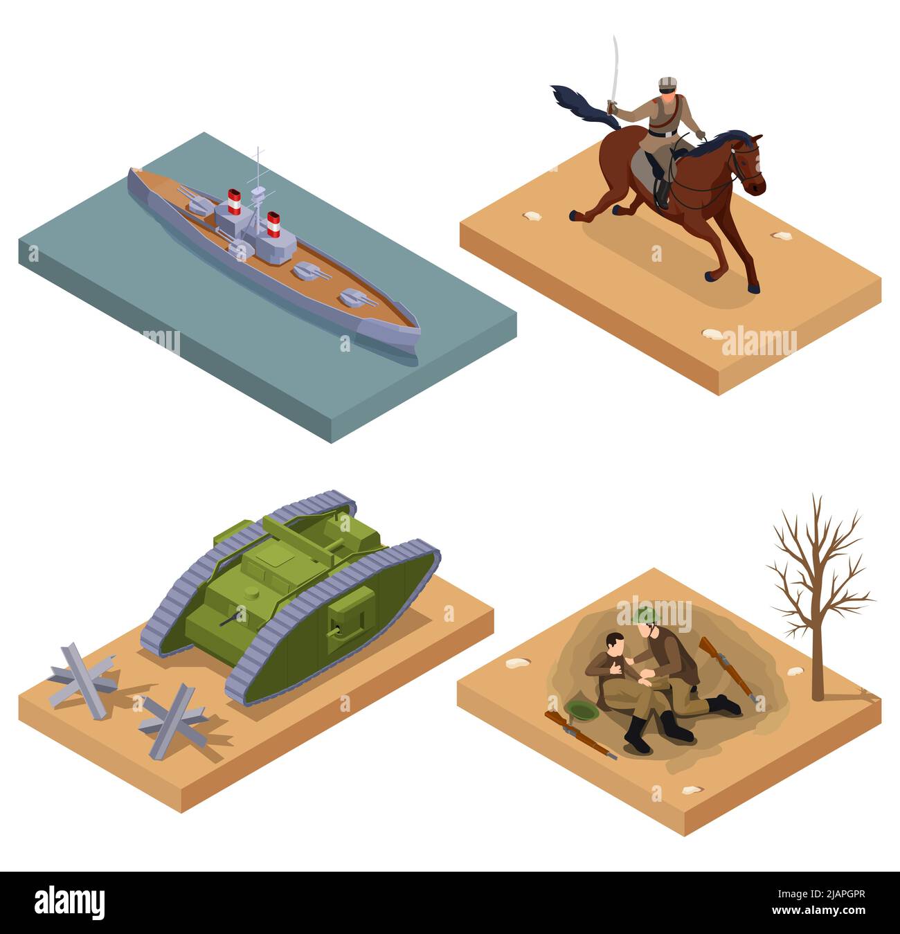 First world war equipment and soldiers isometric composition isolated vector illustration Stock Vector