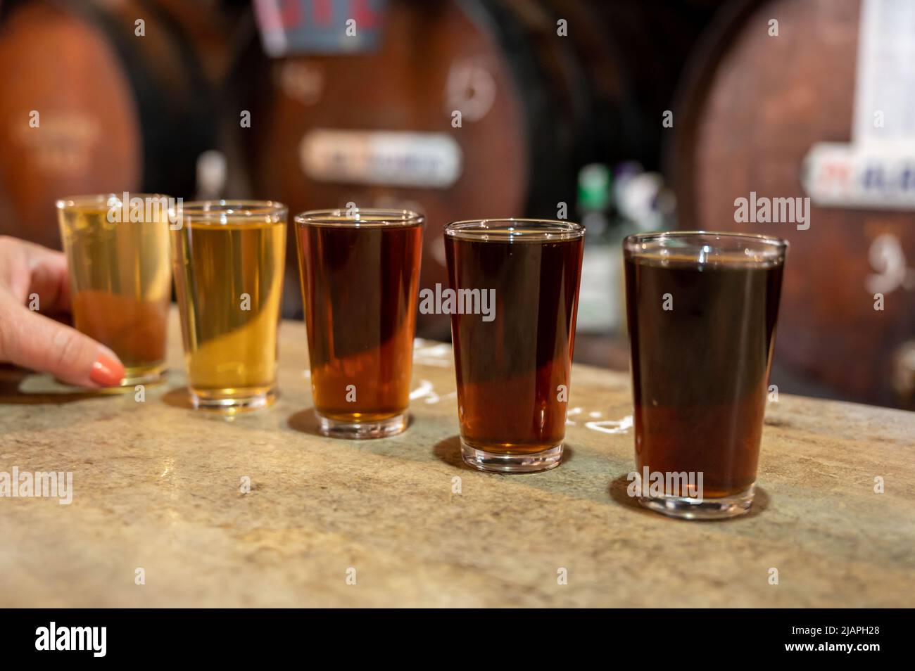 Tasting of different sweet wines from wooden barrels on old bodega wine