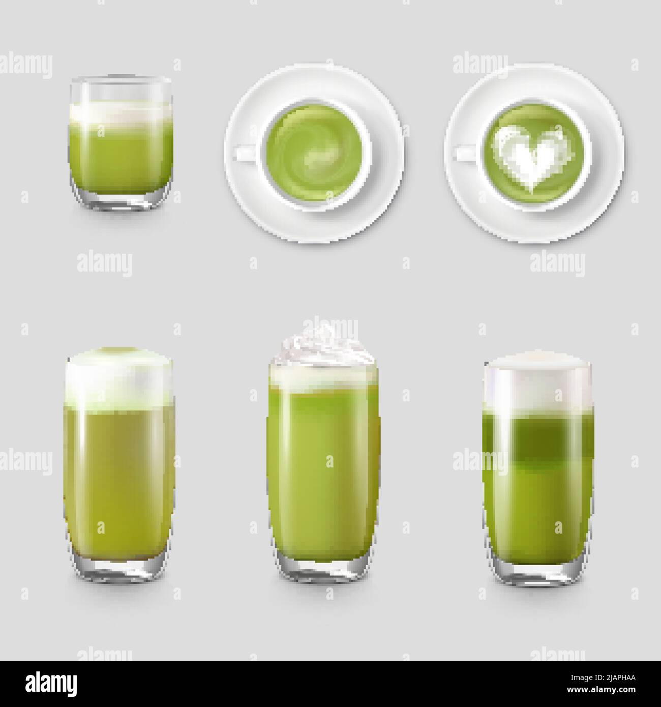 Matcha realistic set with isolated icons of transparent glasses with ...