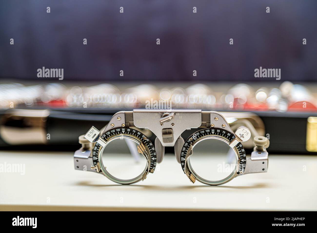 Medical suitcase with a set of lenses for vision testing. Diopter