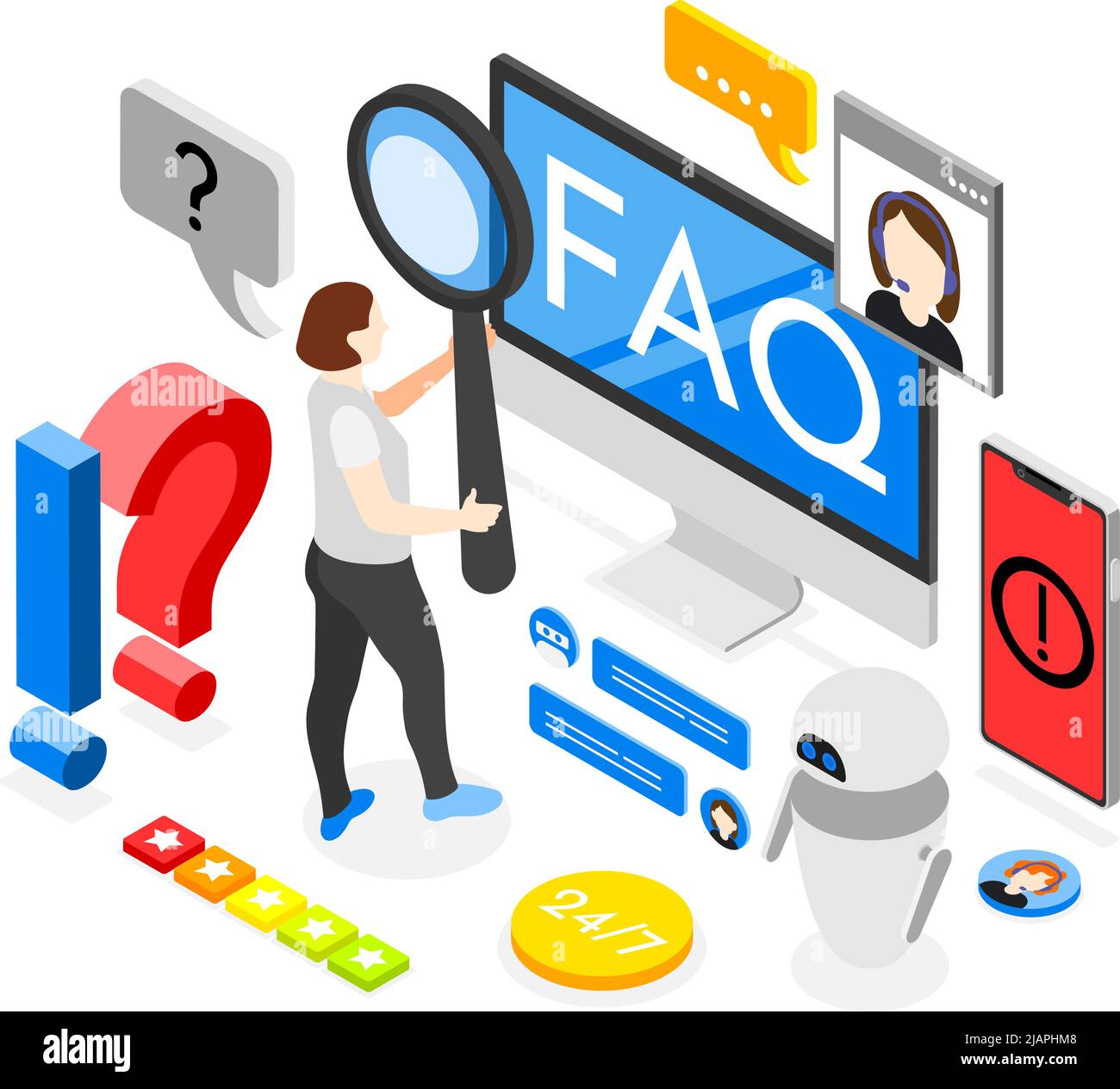 Customer support isometric composition with women looking through magnifying glass at screen with FAQ letters vector illustration Stock Vector