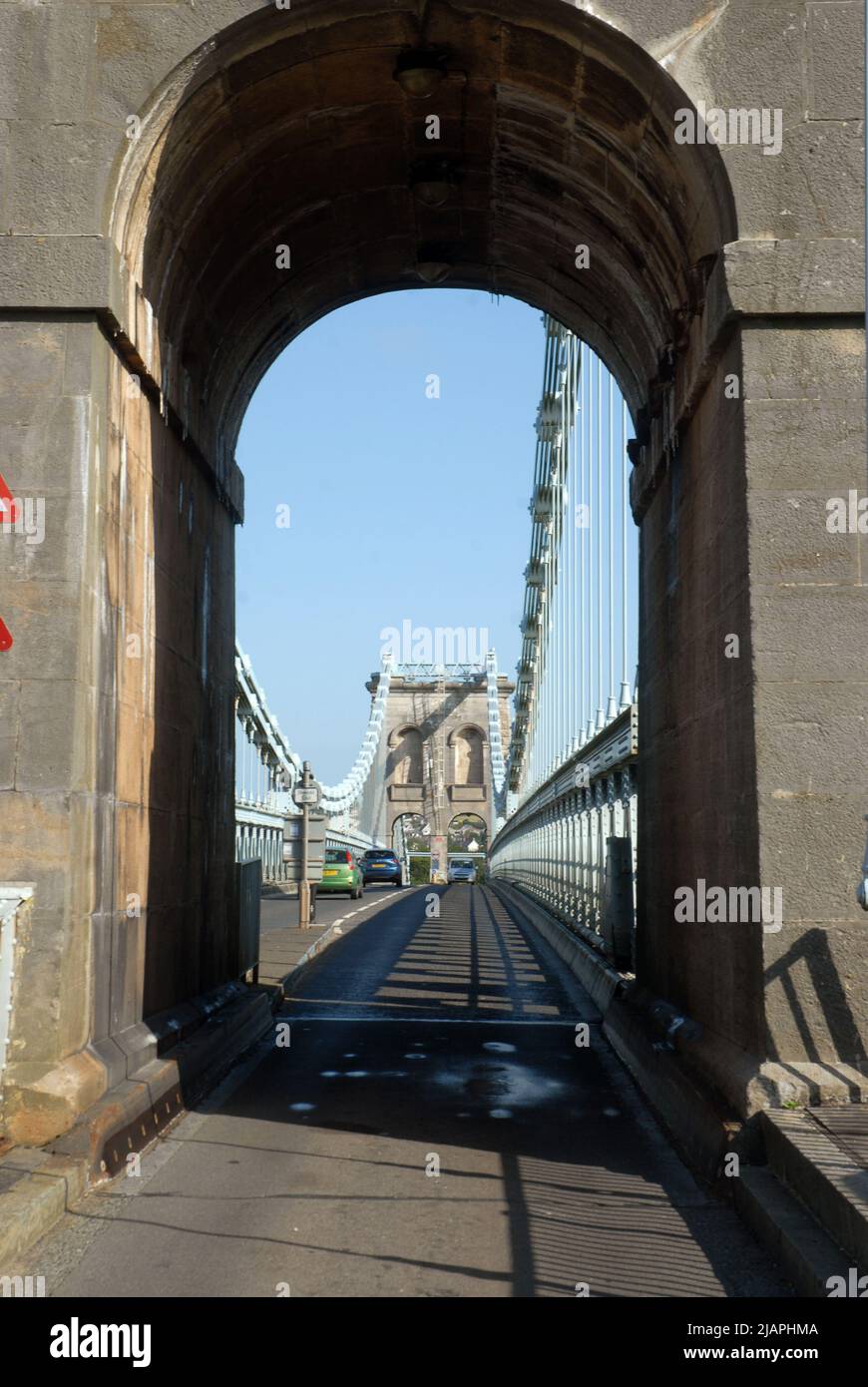 The Menai Suspension Bridge, designed by Thomas Telford, looking across