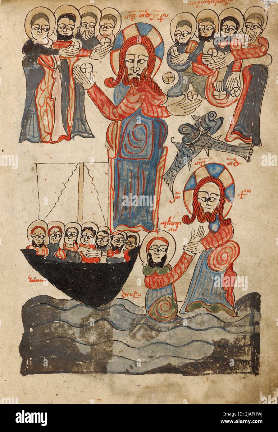 The Feeding of the Five Thousand and Jesus Walking on the Water by an unkown 14th Century illustrator Stock Photo