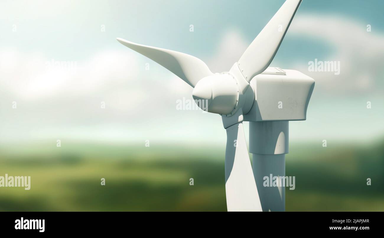 A close up of a electric power wind turbine producing energy in the countryside. 3D illustration. Stock Photo