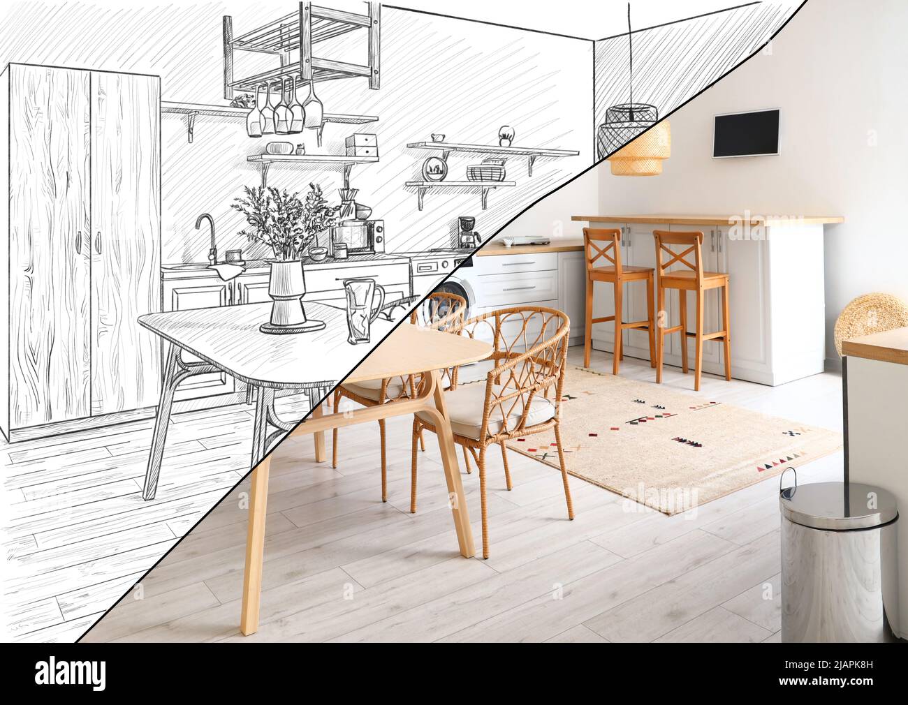 New interior of stylish kitchen with dining table Stock Photo - Alamy