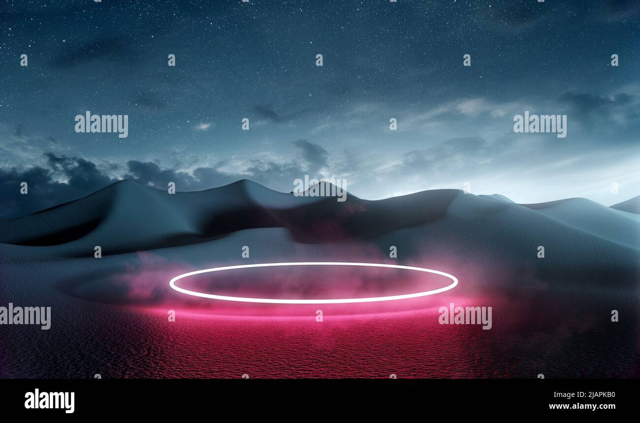 Futuristic landscape scenic with a glowing neon loop at night, product placement 3D illustration. Stock Photo