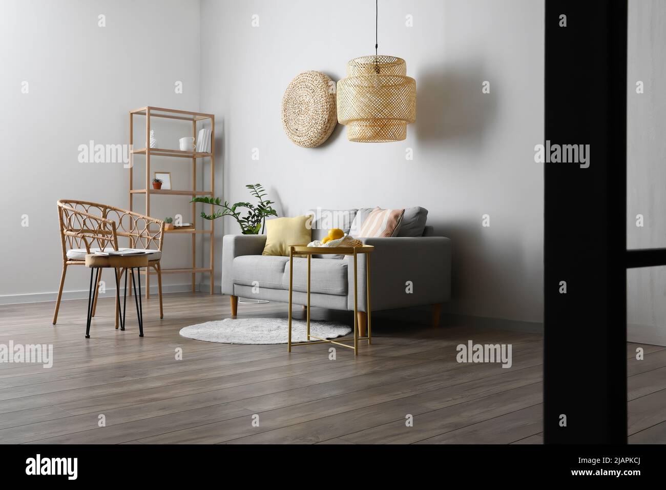 Interior of modern living room with comfortable sofa, armchair and lamp ...