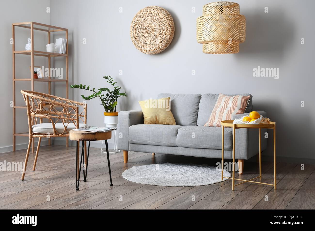 Interior of modern living room with comfortable sofa, armchair and lamp ...