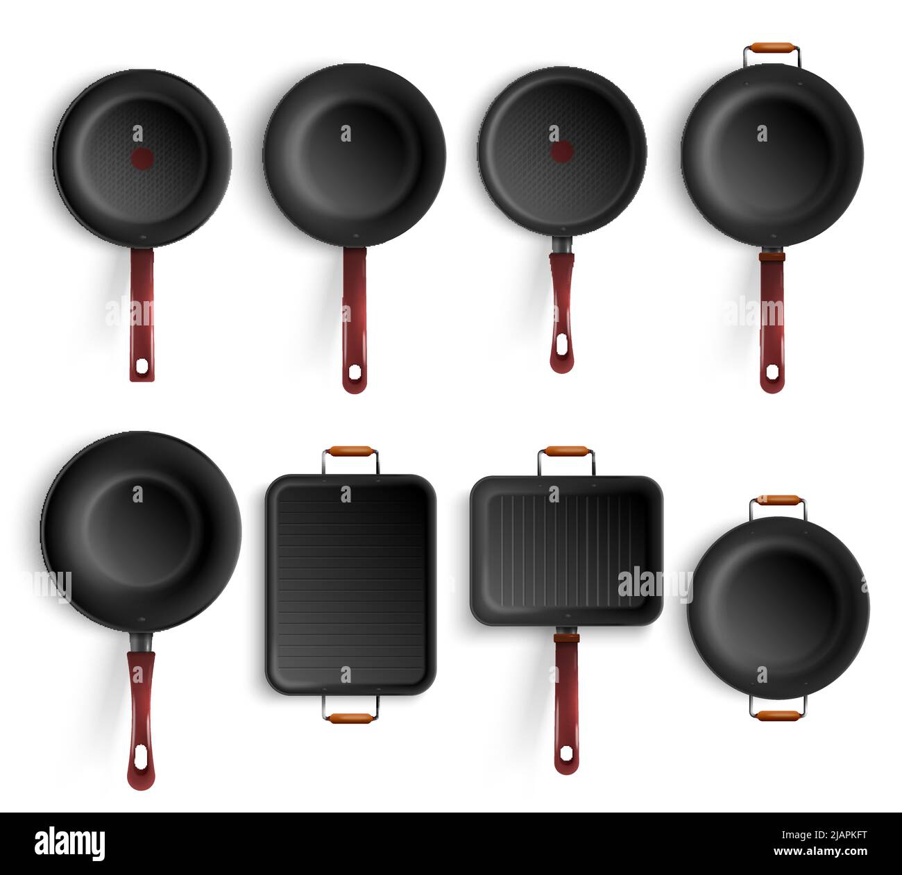 Top view of different forms of realistic frying non stick coating pan