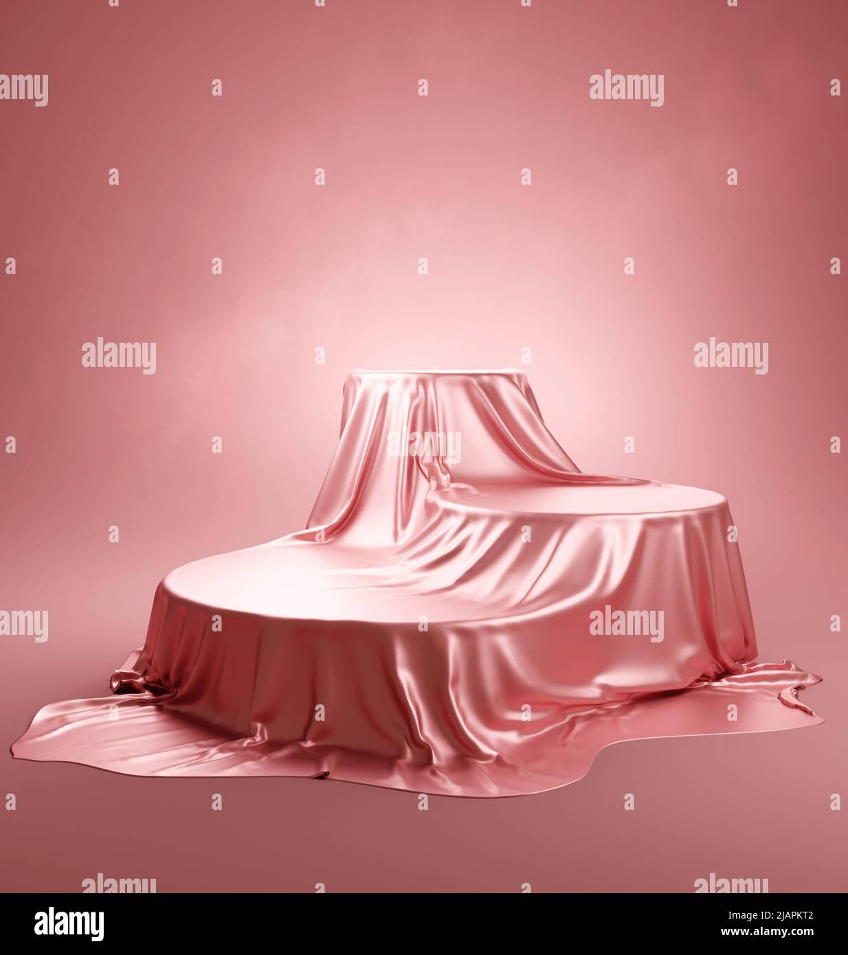 Pink luxury silk draped across objects. Plaform for product showcasing. 3D illustration. Stock Photo