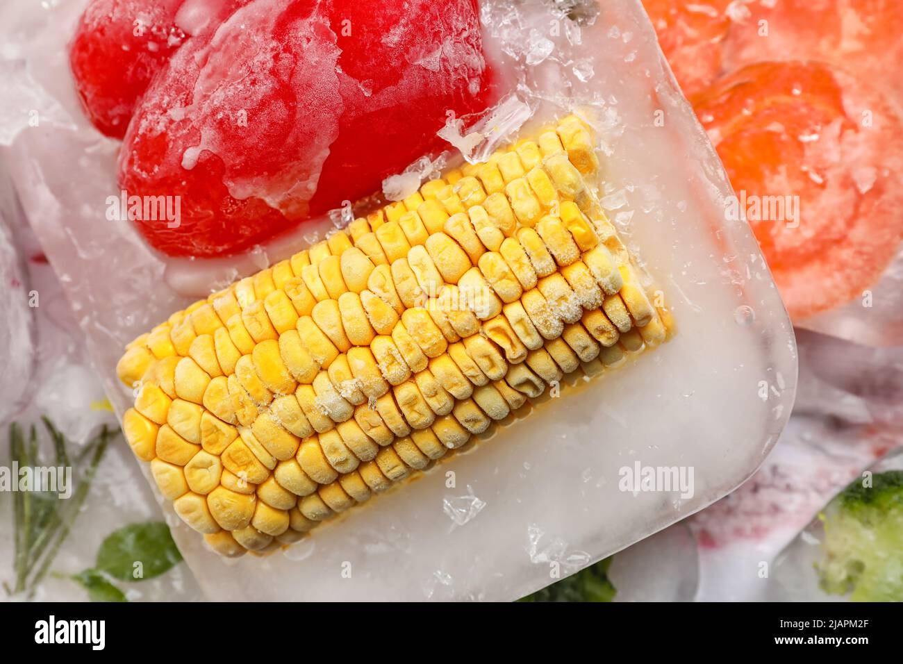 Fresh vegetables frozen in ice on light background Stock Photo Alamy