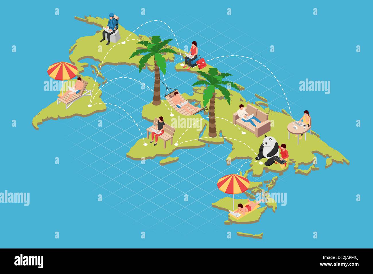 Digital nomads isometric composition with flat world map with working freelancer characters connected via dashed lines vector illustration Stock Vector