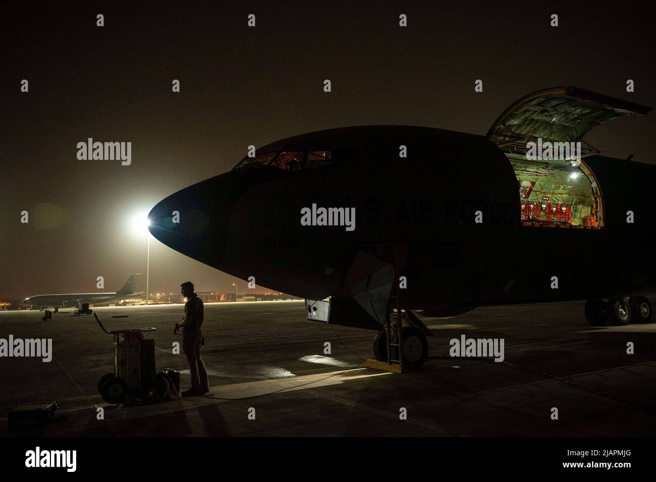 Al Udeid Air Base, Qatar. 25th Apr, 2022. A U.S. Air Force KC-135 Stratotanker, assigned to the 50th Expeditionary Air Refueling Squadron, prepares for takeoff at Al Udeid Air Base, Qatar, April 25, 2022. The KC-135 delivers Ninth Air Force (Air Forces Central) global reach aerial refueling capability to support joint and partner nation aircraft throughout the U.S. Central Command area of responsibility. Credit: U.S. Air Force/ZUMA Press Wire Service/ZUMAPRESS.com/Alamy Live News Stock Photo