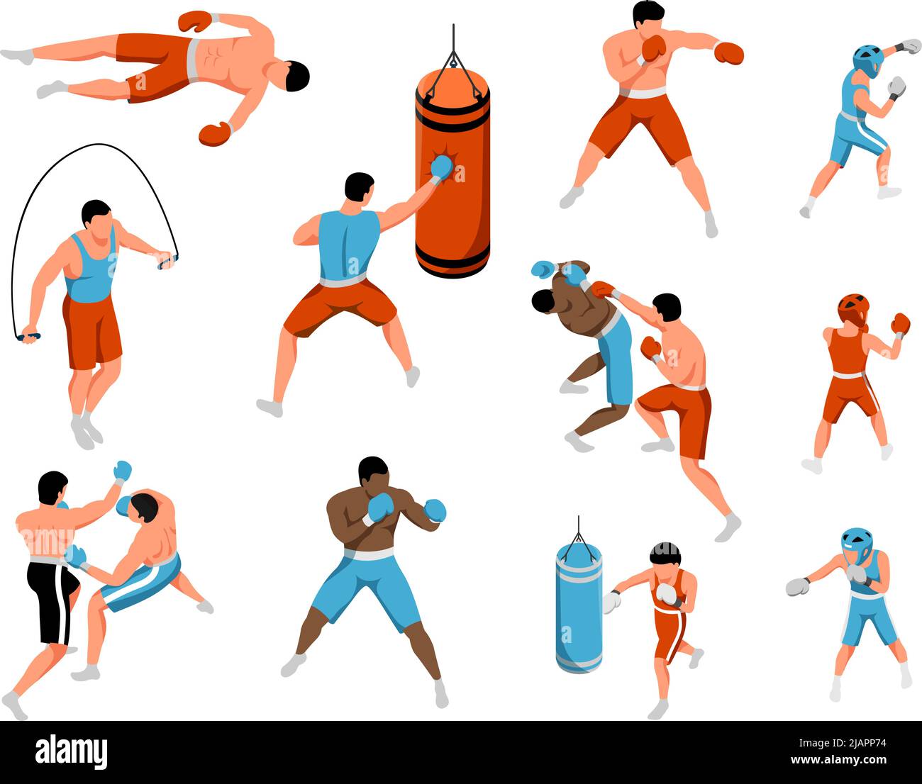 Isometric boxing kids set with isolated icons of growing sportsmen with ...