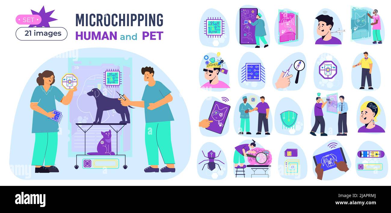 Micro chip compositions set of flat isolated icons with computer circuitry spyware protection people and pets vector illustration Stock Vector