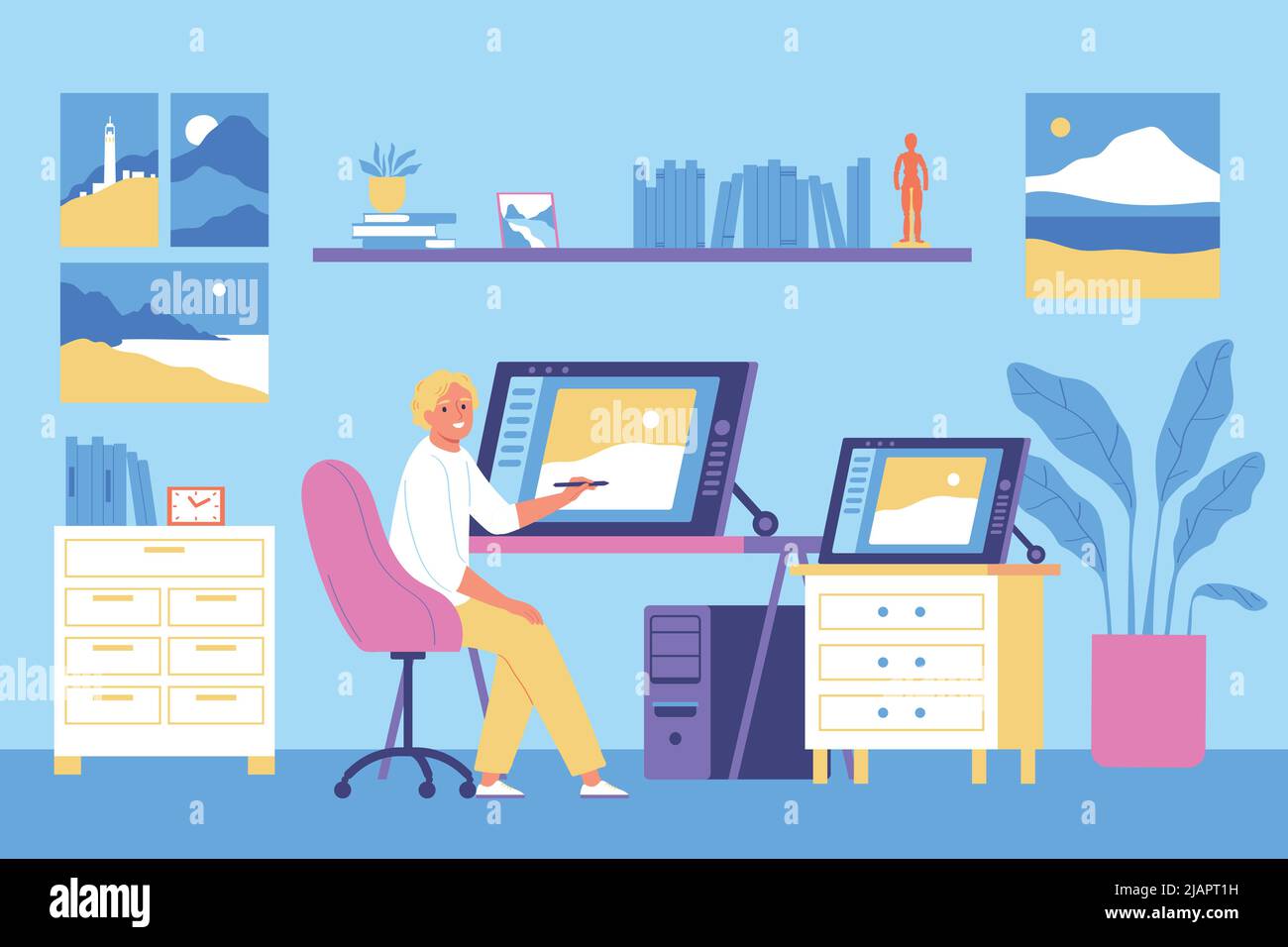 Artist painting studio composition with indoor living room scenery and ...