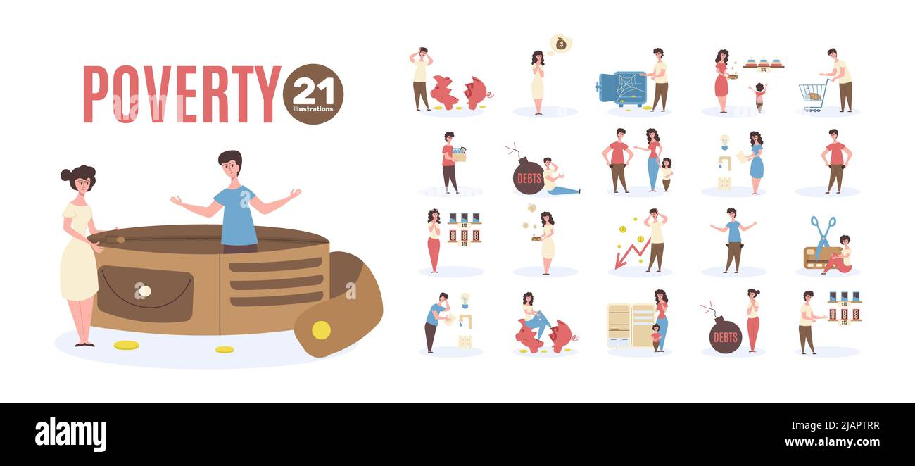 Poverty flat icon set lack of money empty piggy bank empty pockets ...