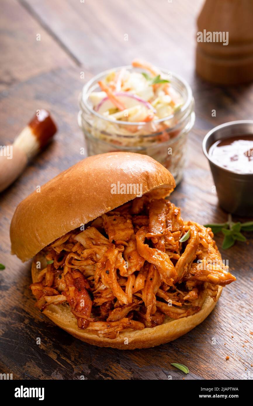 BBQ chicken sandwich on a brioche bun with coleslaw Stock Photo Alamy