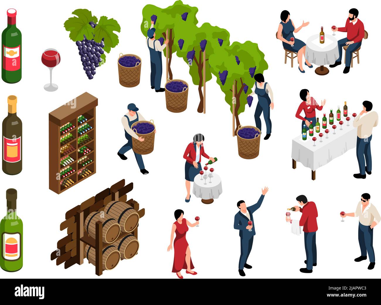 Wine isometric set with wine making and tasting isolated vector ...