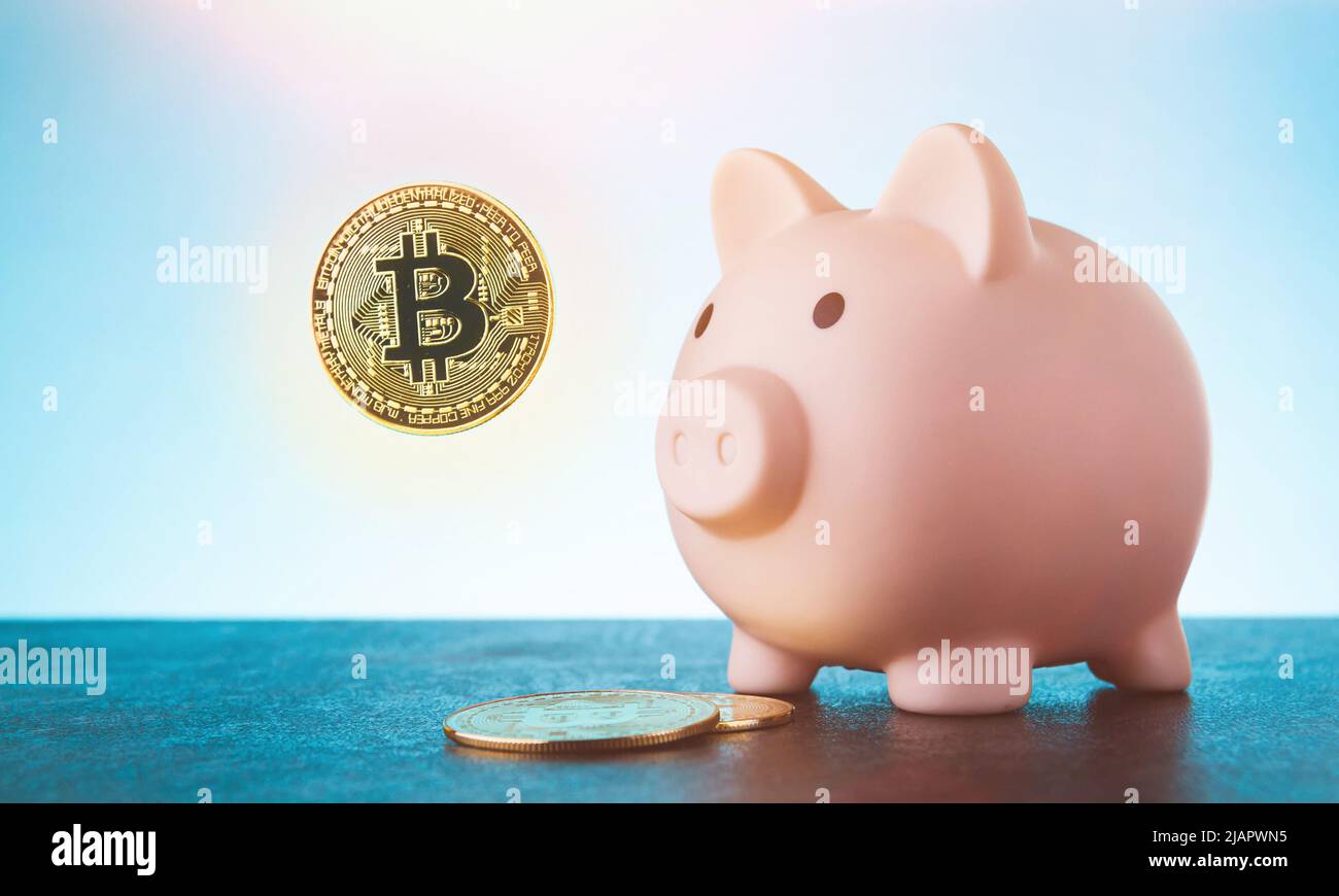 Piggy bank for bitcoin coins. Cryptocurrency bank. Accumulation of virtual  money. Buying and selling virtual money on the stock exchange Stock Photo -  Alamy