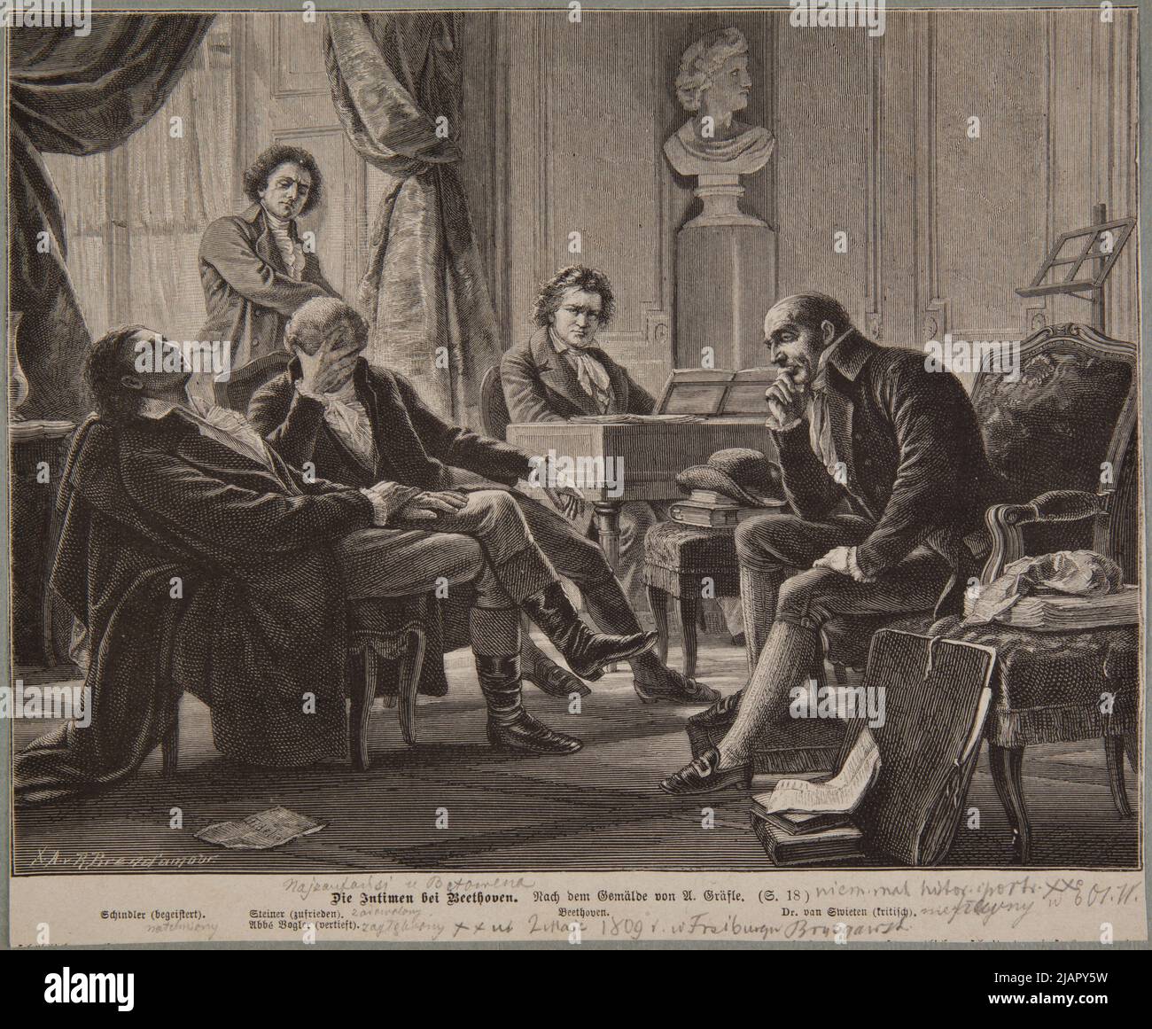 A cozy concert at Beethoven according to the image of Albert Gräfle. A clip from a German magazine. Brend'amour, Franz Robert Richard (1831 1915), albertle, albert (1807 1889) Stock Photo